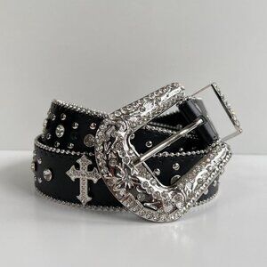 y2k 2000s vintage black chrome cross studded goth emo black belt